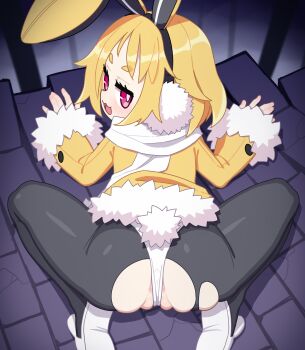 1girl absurdres all_fours animal_ears black_pantyhose blonde_hair blush commentary_request cromachina disgaea earmuffs fake_animal_ears fake_tail female_focus from_behind frontal_wedgie fur-trimmed_jacket fur-trimmed_sleeves fur_trim highres jacket leotard loli long_sleeves looking_at_viewer looking_back makai_senki_disgaea_5 no_panties open_mouth paid_reward_available pantyhose partial_commentary pink_eyes playboy_bunny rabbit_ears rabbit_tail scarf short_hair sideways_mouth solo spread_legs tail torn_clothes torn_pantyhose usalia_(disgaea) wedgie white_footwear white_leotard white_scarf yellow_jacket