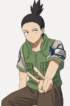 Rule 34 | 1boy, black eyes, black hair, brown pants, closed mouth, commentary, earrings, flak jacket, forehead protector, highres, jacket, jewelry, kena0n, konohagakure symbol, male focus, nara shikamaru, naruto (classic), naruto (series), pants, ponytail, short hair, short ponytail, short sleeves, solo, symbol-only commentary, v, white background