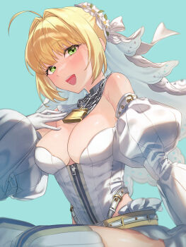 1girl ahoge bare_shoulders belt blonde_hair blush bodysuit breasts bridal_veil chain cleavage detached_sleeves fate/extra fate/extra_ccc fate/grand_order fate_(series) flower flower_wreath gloves green_eyes hair_intakes head_wreath highres hijiri_(sacra_0419) large_breasts leotard lock looking_at_viewer loose_belt nero_claudius_(bride)_(fate) nero_claudius_(fate) open_mouth padlock padlocked_collar smile solo thighhighs veil white_bodysuit white_gloves white_leotard zipper