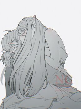 1boy 1girl ahoge arm_around_waist bare_shoulders barefoot blush closed_eyes couple dress ear_blush girl_on_top hair_tie hand_in_another's_hair hetero highres kiss link long_dress long_hair low_ponytail medium_hair nintendo poi pointy_ears ponytail princess_zelda strapless strapless_dress the_legend_of_zelda the_legend_of_zelda:_breath_of_the_wild tunic twintails white_dress yuki_sasame00