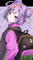 Rule 34 | 1girl, backpack, bag, black jacket, blue eyes, blue hair, closed mouth, double bun, from side, hair bun, hair rings, highres, indie virtual youtuber, jacket, jiangshi no ci-chan, looking at viewer, looking to the side, multicolored hair, ofuda, purple hair, smile, solo, streaked hair, tomozero, upper body, virtual youtuber