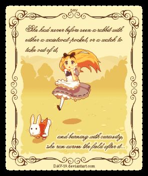 1girl :o accurate_lolita_coord alice's_adventures_in_wonderland alice_(alice_in_wonderland) animal animated animated_gif apron black_bow black_bowtie blonde_hair blue_dress border bow bowtie chasing classic_lolita clothed_animal commentary dav-19 dress english_commentary english_text grass hair_bow lolita_fashion long_hair looping_animation lowres pixel_art rabbit running solo source_quote very_long_hair watermark web_address white_apron white_rabbit_(alice_in_wonderland) white_rabbit_(animal)
