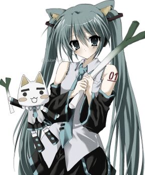 1boy 1girl 2000s_(style) :3 animal_ears aqua_eyes aqua_hair aqua_necktie artist_name bare_shoulders black_sleeves blush blush_stickers breasts cat_boy cat_ears cat_girl cosplay crossdressing crossdressing_(mtf) crossover detached_sleeves doko_demo_issyo faux_retro_artstyle food furry furry_male grey_shirt hair_between_eyes hair_ornament hatsune_miku hatsune_miku_(cosplay) highres holding holding_food holding_spring_onion holding_vegetable inoue_toro kemonomimi_mode long_hair looking_at_viewer mini_person miniboy necktie number_tattoo shirt simple_background skirt sleeveless sleeveless_shirt small_breasts solo_focus spring_onion takanashi_(takanya_shi) tattoo twintails upper_body vegetable very_long_hair vocaloid watermark white_background