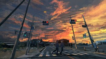 Rule 34 | 2boys, absurdres, banakotakemaru, black pants, building, cloud, cloudy sky, commentary request, crosswalk, evening, gradient sky, highres, holding hands, lamppost, multiple boys, orange sky, original, outdoors, pants, power lines, road, scenery, sky, street, sunset, traffic light, utility pole, wide shot