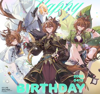 1girl 2025 agnes_tachyon_(sigma_experiment)_(umamusume) agnes_tachyon_(tach-nology)_(umamusume) agnes_tachyon_(umamusume) ahoge animal_ears arm_behind_back belt bikini black_bikini black_necktie black_pantyhose blue_shorts brown_eyes brown_hair brown_pants calculus character_name commentary_request creature criss-cross_halter dated denim denim_shorts ear_covers ear_ornament earrings equation flask green_jacket grin guinea_pig halterneck happy_birthday hem_peeking_out high_heels horse_ears horse_girl horse_tail horseshoe huge_ahoge jacket jewelry kii-kun_(agnes_tachyon)_(umamusume) lab_coat leg_belt long_sleeves mandrake math medium_hair micro_shorts midriff monocle multiple_views necktie official_alternate_costume official_alternate_hairstyle open_clothes open_shorts pants pantyhose physics ponytail puffy_long_sleeves puffy_sleeves round-bottom_flask sandals shoes short_necktie short_ponytail short_sleeves shorts single_ear_cover single_earring smile strap sugar_cube sweater swimsuit tail test_tube tied_jacket umamusume welchino white_shoes wolf_cut wrist_straps yellow_sweater