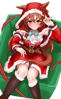 Rule 34 | 1girl, animal ears, armpits, ayukake277, belt, blush, breasts, commentary request, detached sleeves, gift, hat, highres, horse ears, horse girl, long hair, looking at viewer, red eyes, ribbon, santa hat, simple background, sitting, small breasts, solo, still in love (umamusume), thighhighs, umamusume, veil, white background