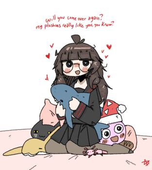 1girl :3 :d ahoge ashenov axolotl bed_sheet black_eyes black_hair black_shirt black_skirt blush bread english_text food glasses grey_pantyhose hat heart heart-shaped_pupils highres holding holding_stuffed_toy ikea_shark kneeling long_hair long_sleeves looking_at_viewer messy_hair nose_blush open_mouth pantyhose pleated_skirt santa_hat shirt simple_background skirt smile solo stuffed_animal stuffed_shark stuffed_toy symbol-shaped_pupils white_background