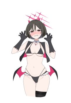 1girl asymmetrical_legwear bikini black_bikini black_gloves black_hair blue_archive blush breasts claw_pose collarbone commentary_request detached_collar dkcca0093 dot_nose gloves halo highres horns looking_at_viewer medium_breasts misaki_(blue_archive) navel red_eyes red_halo short_hair sweatdrop swimsuit teeth thighhighs