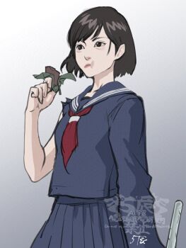 1girl 5tatsu artist_name black_hair black_sailor_collar black_serafuku black_shirt black_skirt breasts chewing eating gradient_background grey_background holding holding_lead_pipe lead_pipe medium_breasts neckerchief pleated_skirt red_neckerchief sailor_collar school_uniform serafuku shimizu_hinako shirt short_hair silent_hill_(series) silent_hill_f skirt solo torn_clothes torn_sleeves upper_body