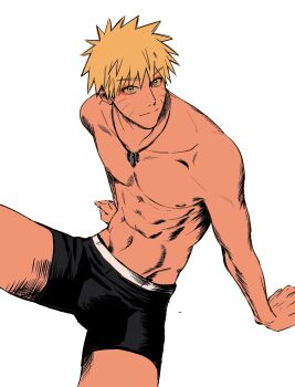 1boy 5ohbbong abs arm_rest black_male_underwear blonde_hair boxers bulge collarbone commentary_request facial_mark forehead_protector highres horizontal_pupils invisible_floor jewelry korean_commentary light_smile looking_at_viewer male_focus male_underwear naruto_(series) naruto_shippuuden navel necklace nipples pectorals short_hair simple_background sitting solo topless_male underwear uzumaki_naruto whisker_markings white_background yellow_eyes