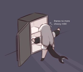 1girl artist_self-insert black_shorts black_socks cetacean_tail chibi chonkyorca commentary english_text facing_away fins fish_tail flying_sweatdrops from_behind grey_background grey_hair highres long_hair long_sleeves no_shoes orca_(chonkyorca) original outstretched_arms puffy_long_sleeves puffy_sleeves refrigerator shirt short_shorts shorts socks spread_arms standing symbol-only_commentary tail very_long_hair white_shirt