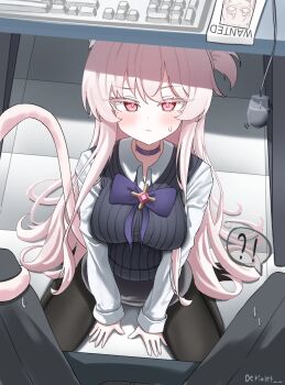 !? 1girl 1other :/ akira_(blue_archive) animal_ears between_legs blue_archive blush breasts cat_ears cat_girl cat_tail collared_shirt curly_hair deriolet from_above full_body hair_between_eyes hand_between_legs highres long_hair looking_at_viewer looking_up medium_breasts pink_eyes pink_hair red_eyes shirt sitting slit_pupils solo_focus spread_legs striped_clothes tail tail_around_another&#039;s_leg tail_wrap under_table v_arms vertical-striped_clothes very_long_hair wanted_poster wavy_mouth white_shirt