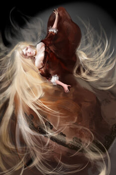 1girl absurdly_long_hair absurdres bat_(animal) black_background blonde_hair breasts collar dress english_text expressionless eyeliner floating_clothes floating_hair from_side full_body fur-trimmed_sleeves fur_trim grey_background hand_on_own_leg highres kiss-shot_acerola-orion_heart-under-blade large_breasts leaning_back long_hair makeup mature_female monogatari_(series) nose off-shoulder_dress off_shoulder oshino_shinobu outstretched_arm parted_bangs red_dress red_eyeliner red_eyes red_lips shishirui_san solo text_background three-quarter_sleeves two-tone_background uneven_eyes very_long_hair white_nails