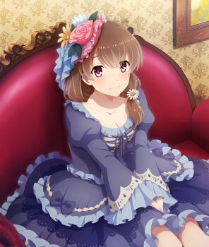 Rule 34 | 1girl, between legs, blue flower, blush, breasts, brown hair, cleavage, closed mouth, collarbone, couch, daisy (flower), dot nose, double-parted bangs, dress, eyes visible through hair, feet out of frame, flower, frilled dress, frilled skirt, frills, game cg, hair flower, hair ornament, hand between legs, hands on lap, hat, hat flower, indoors, layered skirt, long sleeves, looking at viewer, low side ponytail, medium breasts, medium hair, mizushina kinuka, official art, on couch, picture frame, pink eyes, pink flower, pink hat, pink rose, purple dress, purple skirt, rose, sitting, skirt, solo, third-party source, tilted headwear, toji no miko, toji no miko: kizamishi issen no tomoshibi, victorian, wallpaper (object), white flower, yellow flower