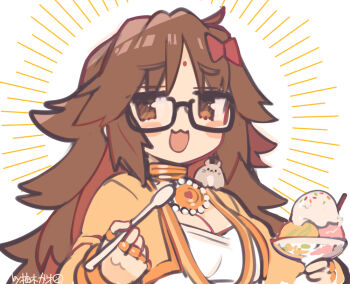1girl bindi black-framed_eyewear blush bow breasts brown_eyes brown_hair cleavage commentary_request fate/extra fate/extra_ccc fate/grand_order fate_(series) food ganesha_(fate) glasses hair_bow holding holding_spoon ice_cream jewelry jinako_carigiri large_breasts long_hair looking_at_viewer open_mouth ring solo spoon sprinkles very_long_hair white_background yuzuki_gao