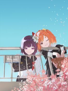 Rule 34 | 2girls, alternate costume, bag, bei chelun de daquan yangcong anakin, black jacket, blue sky, cherry blossoms, chinese commentary, closed mouth, flower pin, from above, grin, hieda no akyuu, highres, holding, holding bag, jacket, long sleeves, looking at viewer, medium hair, motoori kosuzu, multiple girls, one eye closed, orange eyes, orange hair, parted lips, petals, purple eyes, purple hair, school bag, school uniform, serafuku, shirt, sky, smile, teeth, touhou, white shirt