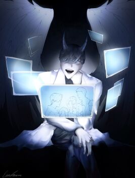 Rule 34 | 1boy, :d, black eyes, black hair, commentary, demon horns, english commentary, eonsuena, feathered wings, feet out of frame, highres, holographic interface, horns, kim namwoon, lee hyunsung, lee jihye, lee seolhwa, official alternate costume, omniscient reader's viewpoint, open mouth, short hair, smile, solo, uriel (omniscient reader's viewpoint), white wings, wings, yoo joonghyuk