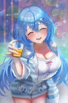 1girl absurdres ahoge alcohol beer blue_hair blue_jacket blue_streaks blush camisole closed_eyes commentary_request cup elf hair_ornament hairpin highres holding holding_cup hololive huahua_tu jacket multicolored_hair official_alternate_costume open_mouth pointy_ears smile solo streaked_hair teeth upper_teeth_only virtual_youtuber white_camisole yukihana_lamy yukihana_lamy_(roomwear)