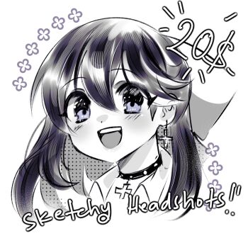 1girl :d black_choker black_hair blue_eyes choker cropped_head cross cross_choker cross_earrings double-parted_bangs earrings hair_between_eyes highres jewelry long_hair looking_at_viewer open_mouth original price ryuuxin sadie_(ryuuxin) smile solo white_background