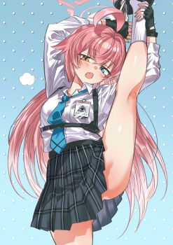 1girl absurdres ahoge black_shoes black_skirt blue_archive blue_eyes blue_necktie breasts brown_eyes checkered_clothes checkered_skirt chest_harness fang halo harness heterochromia highres holding_own_leg hoshino_(blue_archive) huge_ahoge leg_up long_hair looking_at_viewer namaniku_(user_nxxf7457) necktie open_mouth pink_hair pink_halo shirt shoes skirt small_breasts socks solo split standing standing_on_one_leg standing_split thighs white_shirt white_socks