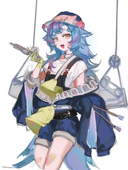 1girl absurdres animal_ears apron arknights baseball_cap belt binder_clip bird_ears bird_girl bird_tail black_belt blue_hair blue_jacket blue_shorts commentary cowboy_shot gloves hat highres holding holding_paintbrush jacket jewelry jiuxiaoshi long_hair long_sleeves looking_at_viewer multicolored_hair necklace open_mouth oversized_jacket paint_on_body paint_on_clothes paintbrush pink_hair pulley shirt short_sleeves shorts sidelocks simple_background sleeve_zipper solo tail tippi_(arknights) two-tone_hair white_background white_shirt wire yellow_apron yellow_eyes yellow_gloves