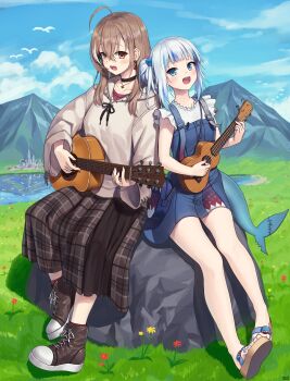 2girls absurdres acoustic_guitar ahoge bag black_choker blue_dress blue_eyes blue_nails blue_sky blue_streaks blunt_bangs blush brown_eyes brown_hair brown_shoes brown_skirt buttons choker commentary crossed_bangs cube_hair_ornament double-parted_bangs dress english_commentary eye_contact field fins fish_tail full_body gawr_gura gawr_gura_(casual) grass grey_hair guitar hair_between_eyes hair_ornament handbag high_tops highres holding holding_guitar holding_instrument holding_ukulele hololive hololive_english hood hoodie instrument long_skirt long_sleeves looking_at_another medium_hair mountain multiple_girls music nail_polish nanashi_mumei nanashi_mumei_(casual) official_alternate_costume official_alternate_hairstyle on_rock open_mouth outdoors pinafore_dress plaid_clothes plaid_skirt playing_instrument red_shirt red_socks sandals shark_girl shark_tail sharp_teeth shirt shoes short_sleeves shoulder-to-shoulder side_ponytail sitting skirt sky sleeveless sleeveless_dress sleeves_past_wrists sneakers socks suspenders tail teeth toenail_polish toenails traveler_(artbbt) ukulele virtual_youtuber white_hoodie white_shirt white_streaks wide_sleeves