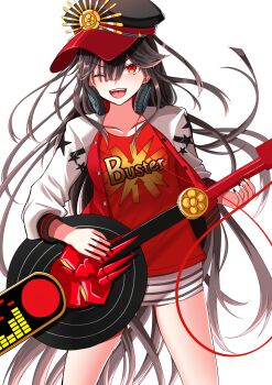 Rule 34 | 1girl, absurdres, black hat, black nails, blush, bottomless, breasts, brown hair, buster shirt, buttons, clothes writing, collarbone, commentary request, cowboy shot, electric guitar, fate/grand order, fate (series), fingernails, floating hair, guitar, hair between eyes, hat, hat ornament, headphones, headphones around neck, highres, holding, holding guitar, holding instrument, instrument, jacket, kikkoumon, lapels, long hair, long sleeves, looking at viewer, medium breasts, military hat, music, nail polish, nigori (keydoor), oda nobunaga (fate), oda nobunaga (swimsuit berserker) (fate), one-piece swimsuit, one eye closed, open clothes, open jacket, open mouth, oversized object, peaked cap, playing guitar, playing instrument, puffy long sleeves, puffy sleeves, red eyes, red shirt, shirt, simple background, smile, solo, standing, star (symbol), star print, striped clothes, striped one-piece swimsuit, sun hat ornament, sun symbol, swimsuit, t-shirt, teeth, tongue, v-shaped eyebrows, very long hair, white background, white jacket, white one-piece swimsuit