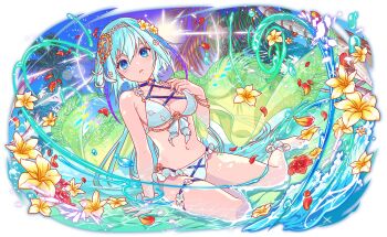 1girl aqua_eyes aqua_hair arm_support artist_request bare_arms bare_legs bare_shoulders barefoot bikini blue_sky blue_thigh_strap breasts cel_shading character_request choker cleavage collarbone crash_fever cross-laced_bikini cross-laced_clothes day flower flower_thigh_strap full_body game_cg hair_between_eyes hair_flower hair_ornament hairband hand_on_ground hibiscus hibiscus_petals light_rays long_hair looking_at_viewer medium_hair number_print numbered o-ring o-ring_bikini o-ring_choker official_art on_ground open_mouth outdoors outline palm_leaf palm_tree partially_submerged plumeria red_flower red_outline red_petals see-through_clothes single_ankle_cuff sitting sky solo square square_print sunbeam sunburst sunlight swimsuit tachi-e thigh_strap third-party_source transparent_background tree very_long_hair water white_ankle_cuffs white_bikini white_hairband yellow_flower yokozuwari