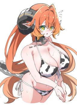 Rule 34 | 1girl, absurdres, ahoge, animal print, bikini, black horns, blush, breasts, caseee999, cleavage, commentary request, cow print, cow print bikini, cowboy shot, curled horns, dragon girl, dragon horns, green eyes, hair intakes, highres, horns, large breasts, long hair, mechanical tail, orange hair, orphie magnusson, pointy ears, print bikini, solo, swimsuit, tail, zenless zone zero