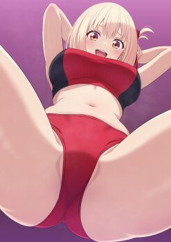 Rule 34 | 1girl, :d, absurdres, arms behind head, arms up, ass, blonde hair, blush, breasts, buruma, commentary request, from below, hair ribbon, highres, large breasts, looking at viewer, looking down, lycoris recoil, mibushiro, navel, nishikigi chisato, open mouth, red buruma, red eyes, red ribbon, red sports bra, ribbon, short hair, smile, solo, sports bra, stomach, teeth, thick thighs, thighs, tongue, upper teeth only
