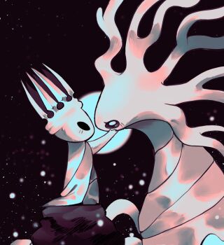 1boy 1girl arthropod_boy black_eyes blank_eyes colored_skin commentary crown english_commentary hands_on_another&#039;s_face highres hollow_eyes hollow_knight horned_mask horns jchococher35340 looking_at_another mask pale_king_(hollow_knight) robe standing wavy_hair white_lady_(hollow_knight) white_mask white_robe white_skin