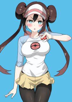 1girl :o absurdres black_leggings blue_background blush breasts commentary_request donut_hair_bun double_bun hair_bun highres large_breasts leggings long_hair matsuokalive10 nintendo open_mouth poke_ball poke_ball_(basic) poke_ball_print pokemon pokemon_bw2 print_shirt raglan_sleeves rosa_(pokemon) shirt shorts simple_background solo twintails v-shaped_eyebrows very_long_hair visor_cap yellow_shorts