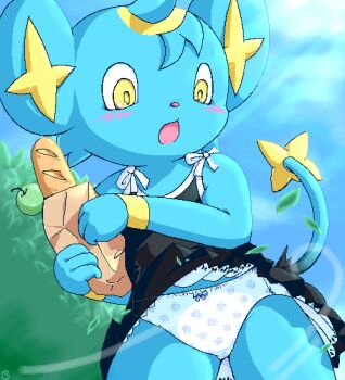 1girl animal animal_ears apple bag baguette black_dress blue_bow blue_fur blue_hair blush bow bow_panties bread cat cat_ears cat_girl cat_tail cloud dress falling_leaves food fruit furry g-sun gen_4_pokemon grocery_bag holding holding_bag leaf light_rays loli looking_down nintendo open_mouth panties paper_bag pokemon polka_dot polka_dot_panties shinx shopping_bag short_hair sky sleeveless sleeveless_dress standing sunbeam sunlight surprised tail tree underwear white_panties wind wind_lift yellow_eyes