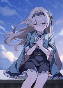 1girl akari_star black_hairband black_ribbon blue_sky blush closed_mouth cloud cloudy_sky commentary_request dress firefly_(honkai:_star_rail) firefly_(jepella_rebellion)_(honkai:_star_rail) frilled_dress frills green_pupils grey_hair hair_between_eyes hair_intakes hair_ornament hair_ribbon hairband highres honkai:_star_rail honkai_(series) long_hair multicolored_eyes own_hands_together ribbon sky smile solo