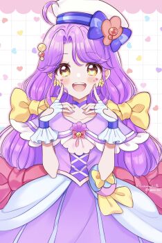 Rule 34 | 1girl, :d, blue bow, blush, bow, clothing cutout, collarbone, commentary, cure coral, dated, dress, fingerless gloves, fingers to cheeks, gloves, grid background, hair bow, hat, hat bow, heart, heart background, heart cutout, highres, kuzumochi (hgnon82), long hair, looking at viewer, magical girl, open mouth, outline, parted bangs, pink outline, precure, purple dress, purple hair, red bow, short sleeves, signature, smile, solo, striped bow, suzumura sango, tropical-rouge! precure, upper body, white background, white gloves, white hat, yellow bow