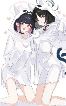2girls animal_ears black_hair blue_archive blue_halo blush breasts cat_ears cat_girl cat_tail colored_inner_hair commentary covered_erect_nipples double-parted_bangs extra_ears ghost_costume halo hand_on_another&#039;s_waist highres hood hood_up kamitosayu kazusa_(blue_archive) kikyou_(blue_archive) kneeling medium_breasts multicolored_hair multiple_girls multiple_tails open_mouth parted_lips pink_hair pink_halo robe short_hair sidelocks sleeves_past_fingers sleeves_past_wrists small_breasts tail two_side_up two_tails white_robe