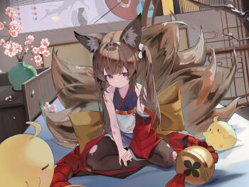 absurdres amagi-chan_(azur_lane) animal_ears azur_lane brown_hair brown_tail detached_sleeves eyeshadow fox_ears fox_girl fox_tail highres japanese_clothes kimono kitsune kyuubi long_hair makeup manjuu_(azur_lane) multiple_tails on_bed pantyhose red_eyeshadow red_kimono rope shimenawa single_sleeve sitting tail tears thick_eyebrows torn_clothes torn_pantyhose twintails xiyu_(52710106)