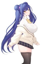 Rule 34 | 1girl, black thighhighs, blue hair, blush, bow, bowtie, bra visible through clothes, breasts, brown eyes, brown skirt, cardigan, closed mouth, collared shirt, cropped legs, double bun, from side, hair bun, hair ornament, large breasts, long hair, long sleeves, looking at viewer, looking to the side, miko (royal milk), miniskirt, off shoulder, original, plaid, plaid bow, plaid bowtie, plaid skirt, pleated skirt, shirt, simple background, skirt, sleeves past wrists, solo, thick thighs, thighhighs, thighs, twintails, very long hair, white background, white shirt, yellow bow, yellow bowtie