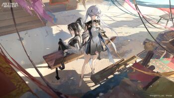 Rule 34 | 2girls, aether gazer, artist request, black hair, can, copyright name, copyright notice, dress, drinking, drinking straw, grey dress, grey eyes, grey hair, hair ornament, highres, holding, holding can, long hair, lu wu (aether gazer), multicolored hair, multiple girls, official art, on bench, ponytail, shadow, sitting, streaked hair, zhiming (aether gazer)