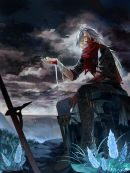 1boy arm_up bandaged_arm bandages black_boots black_pants blue_flower boots cloud commentary dark_cloud eiyuu_densetsu english_commentary flower froment glowing_flower grass hajimari_no_kiseki highres ishmelga_rean long_hair looking_ahead male_focus on_rock outdoors pants rain rean_schwarzer red_scarf scarf signature sitting solo white_hair yellow_eyes