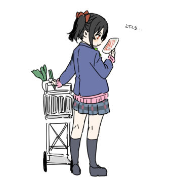 Rule 34 | 1girl, black hair, black shoes, black socks, blue jacket, bow, bowtie, cardigan, food, full body, green bow, green bowtie, grey skirt, jacket, kneehighs, loafers, love live!, love live! school idol project, meat, miniskirt, otonokizaka school uniform, pink cardigan, plaid clothes, plaid skirt, pleated skirt, red eyes, school uniform, shinanoya (satanicad), shoes, shopping, shopping basket, shopping basket cart, short hair, sidelocks, simple background, skirt, socks, solo, spring onion, standing, twintails, white background, yazawa nico