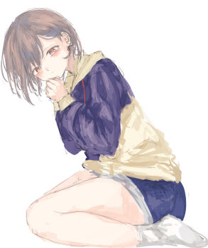 1girl absurdres bang_dream! bang_dream!_it&#039;s_mygo!!!!! blue_shorts blush brown_eyes closed_mouth commentary grey_hair highres hood hood_down hoodie latte_bf long_sleeves looking_at_viewer no_shoes own_hands_together short_hair shorts simple_background socks solo takamatsu_tomori white_background white_socks