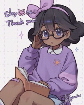 Rule 34 | 1girl, absurdres, adjusting eyewear, bandaid, bandaid on knee, bandaid on leg, black hair, blue eyes, book, collared shirt, commentary, commission, cowboy shot, dark-skinned female, dark skin, double-parted bangs, hairband, highres, long sleeves, looking at viewer, namin (namin star), open book, open mouth, original, purple hairband, purple shirt, semi-rimless eyewear, shirt, short hair, sitting, skeb commission, solo, thank you, under-rim eyewear, white background