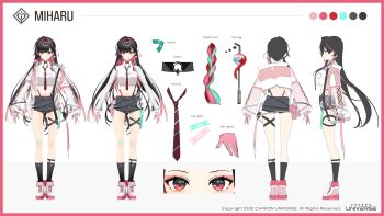 1girl black_choker black_hair black_shorts black_socks boots braid breast_pocket charon_universe choker closed_mouth collared_shirt crop_top crop_top_overhang ear_piercing full_body gloves highleg highres jacket kneehighs long_hair long_sleeves looking_at_viewer midriff miharu_(charon_universe) multicolored_hair multiple_views navel necktie o-ring o-ring_choker off_shoulder official_art open_clothes open_jacket piercing pink_gloves pocket red_eyes red_hair red_necktie reference_sheet scottie_(phantom2) see-through_clothes see-through_jacket shirt short_shorts shorts smile socks stomach streaked_hair striped_necktie thighs two-tone_hair very_long_hair virtual_youtuber white_boots white_shirt