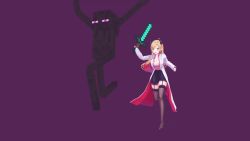 +_+ 1girl 1other 3d 60+fps :d animated audible_music audible_speech black_footwear black_skin black_skirt blonde_hair blush breasts brown_thighhighs chasing chrome_(chrome_ismkhm) cleavage coat collarbone colored_skin demon_girl demon_horns demon_tail demon_wings enderman frilled_shirt frills full_body garter_straps green_eyes hand_up high_heels holding holding_sword holding_weapon hololive horns lace_trim large_breasts loading_screen long_coat long_hair long_legs long_sleeves looking_at_another mikumikudance_(medium) minecraft minecraft_sword miniskirt multicolored_hair open_clothes open_coat open_mouth pencil_skirt pink_shirt pointy_ears purple_eyes running shirt sidelocks skirt sleeves_past_wrists smile sound strappy_heels swept_bangs sword tail tattoo thighhighs video virtual_youtuber weapon white_coat wing_collar winged_heart winged_heart_tattoo wings yuzuki_choco yuzuki_choco_(1st_costume) zettai_ryouiki