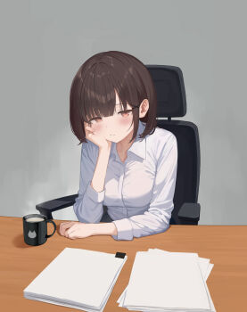 1girl :i breasts brown_eyes brown_hair chair coffee_mug commentary_request cup desk expressionless highres indoors long_sleeves looking_at_viewer medium_breasts mug office_chair office_lady original oz_ma33 paper_stack short_hair sitting solo swivel_chair upper_body wing_collar
