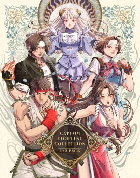 Rule 34 | 2boys, 3girls, absurdres, black hair, black pantyhose, blue skirt, bow, breasts, brown eyes, brown hair, capcom, chinese clothes, closed mouth, crossover, dougi, dress, fatal fury, fingerless gloves, fire, gloves, hair ornament, hairpods, hand fan, headband, high ponytail, highres, hinanana, holding, justice gakuen, karate gi, kusanagi kyou, lolita fashion, long hair, long sleeves, looking at viewer, miniskirt, multiple boys, multiple crossover, multiple girls, pantyhose, ponytail, red eyes, ryu (street fighter), school uniform, shiranui mai, short hair, skirt, smile, snk, street fighter, the king of fighters, wakaba hinata, white gloves, white hair, white headband