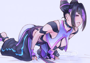 1girl all_fours artist_name black_hair blue_eyes breasts commentary_request delarocha82 diagonal_bangs eyelashes gloves hair_horns han_juri heterochromia highres large_breasts looking_at_viewer multicolored_hair nipples parted_lips pink_eyes pink_lips purple_hair solo spider_tattoo street_fighter street_fighter_6 tattoo two-tone_hair