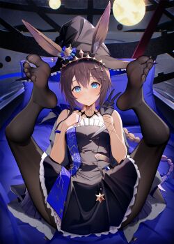 1girl absurdres amiya_(arknights) animal_ears arknights bare_shoulders black_gloves black_hat black_pantyhose blue_eyes brown_hair feet gloves hat highres jewelry looking_at_viewer multiple_rings pantyhose rabbit_ears rabbit_girl radoremo ring soles spread_legs thighhighs thumb_ring