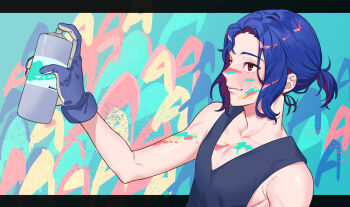 1boy black_border blue_hair blush border colored_inner_hair gloves gundam gundam_gquuuuuux highres holding holding_spray_can male_focus multicolored_hair paint_on_body ponytail purple_hair red_eyes satsuki_(popopomama_52) short_hair shuji_ito sleeveless smile solo spray_can spray_paint spraying tank_top two-tone_hair upper_body